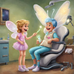 A fada dos dentes visitando um paciente do consultorio